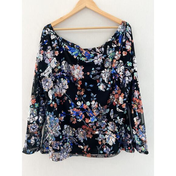 Boston Proper Floral Sequin Blouse XL Boatneck Mesh Glam Modest - Picture 4 of 7
